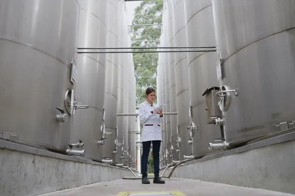 Profissional de jaleco branco faz anotações entre tanques de aço inoxidável na Vinícola Aurora. O ambiente industrial organizado sugere controle de qualidade e armazenamento de vinhos, com árvores ao fundo indicando ventilação natural.