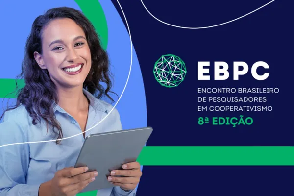 Arte do EBPC com mulher sorridente segurando tablet ao lado do texto “Encontro Brasileiro de Pesquisadores em Cooperativismo – 8ª edição”.