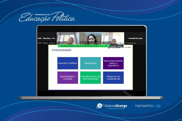 Imagem do Programa de Educação Política do Sistema Ocergs, com transmissão virtual e apresentação sobre temas como polarização, representação e preservação das cooperativas.