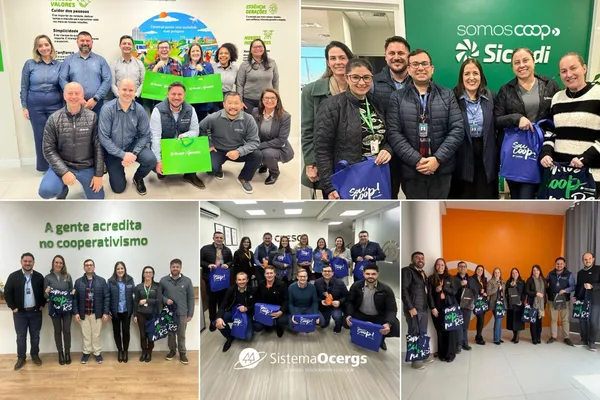 Colagem de fotos das visitas realizadas pelo Time de Soluções do Sistema Ocergs em junho, com grupos de colaboradores e representantes das cooperativas, segurando sacolas personalizadas com slogans do cooperativismo.