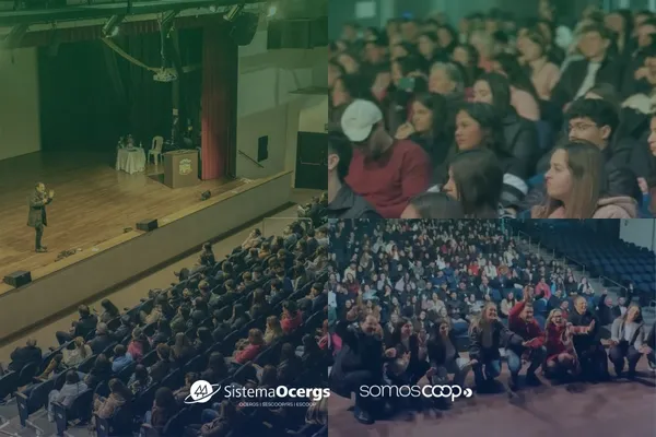 Montagem com três fotos de um auditório cheio de pessoas durante um evento. Em uma das imagens, um palestrante está no palco. Em outra, o público aparece atento e, na terceira, participantes posam sorrindo para a câmera. A imagem inclui os logos do Sistema Ocergs e do movimento SomosCoop.