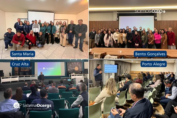 Montagem com fotos dos encontros regionais do Sistema Ocergs sobre SST, realizados em Santa Maria, Bento Gonçalves, Cruz Alta e Porto Alegre, com a presença de cooperativistas gaúchos.
