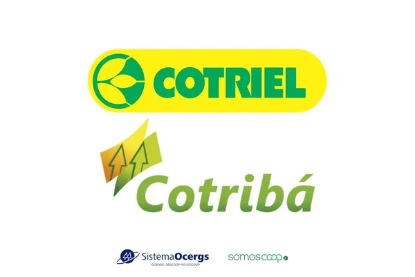 Logotipos das cooperativas Cotriel e Cotribá, com as marcas do Sistema Ocergs e do movimento SomosCoop na parte inferior. A imagem representa a integração entre as cooperativas no contexto da recente aquisição de unidade em Pantano Grande. 