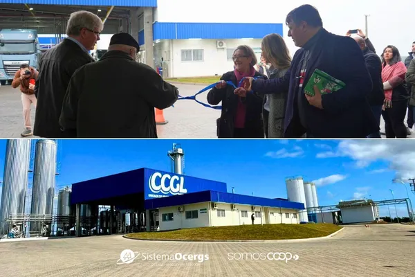 Inauguração da unidade de beneficiamento de leite da CCGL em Hulha Negra, com corte de fita por autoridades e vista da estrutura moderna da cooperativa.