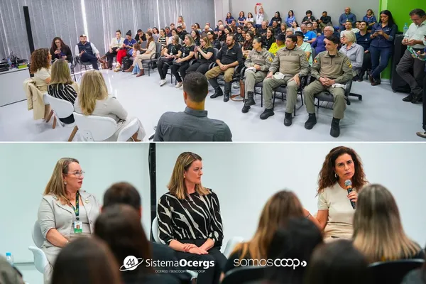 Evento realizado na Casa do Cooperativismo sobre ESG mostra representantes das cooperativas Coasa, Cooperlíquidos e Vinícola Aurora com a jornalista Giuliana Morrone. Ao fundo, um auditório lotado.