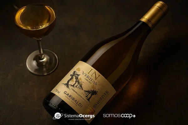 Garrafa do vinho In Veritas, da Vinícola Garibaldi, posicionada ao lado de uma taça servida, em cenário elegante. Produto integra linha experimental da cooperativa da Serra Gaúcha.