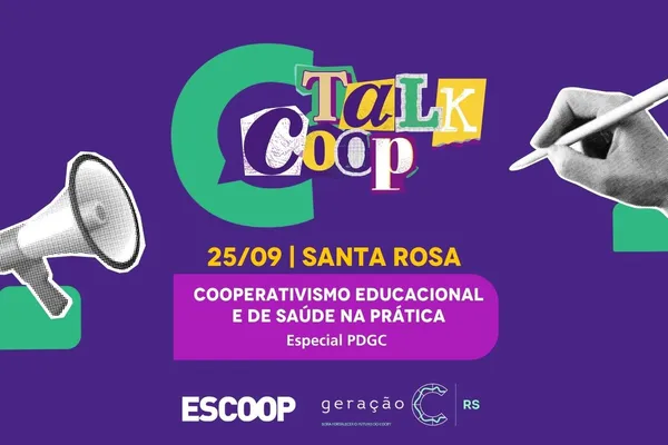Card do evento Talk Coop, com fundo roxo e elementos gráficos coloridos, anunciando a edição de 25/09 em Santa Rosa, com foco no cooperativismo educacional e de saúde, especial PDGC.