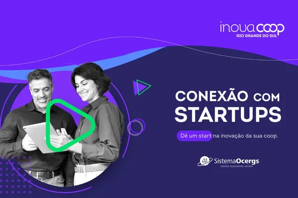 Arte promocional do InovaCoop Rio Grande do Sul, com duas pessoas sorrindo olhando para um tablet, acompanhada da frase “Conexão com Startups. Dê um start na inovação da sua coop.”