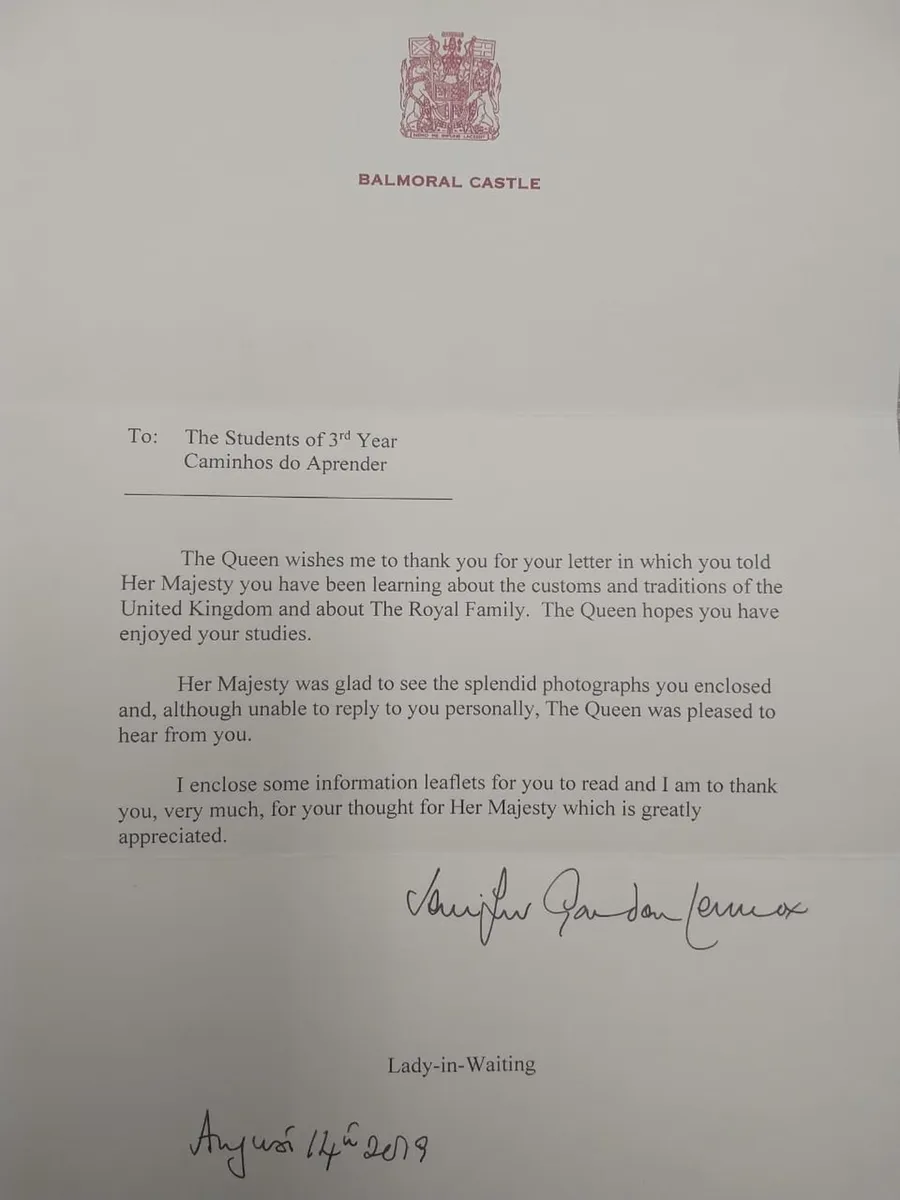 Carta da Rainha Elizabeth II aos alunos da escola Caminhos do Aprender â Foto: ReproduÃ§Ã£o