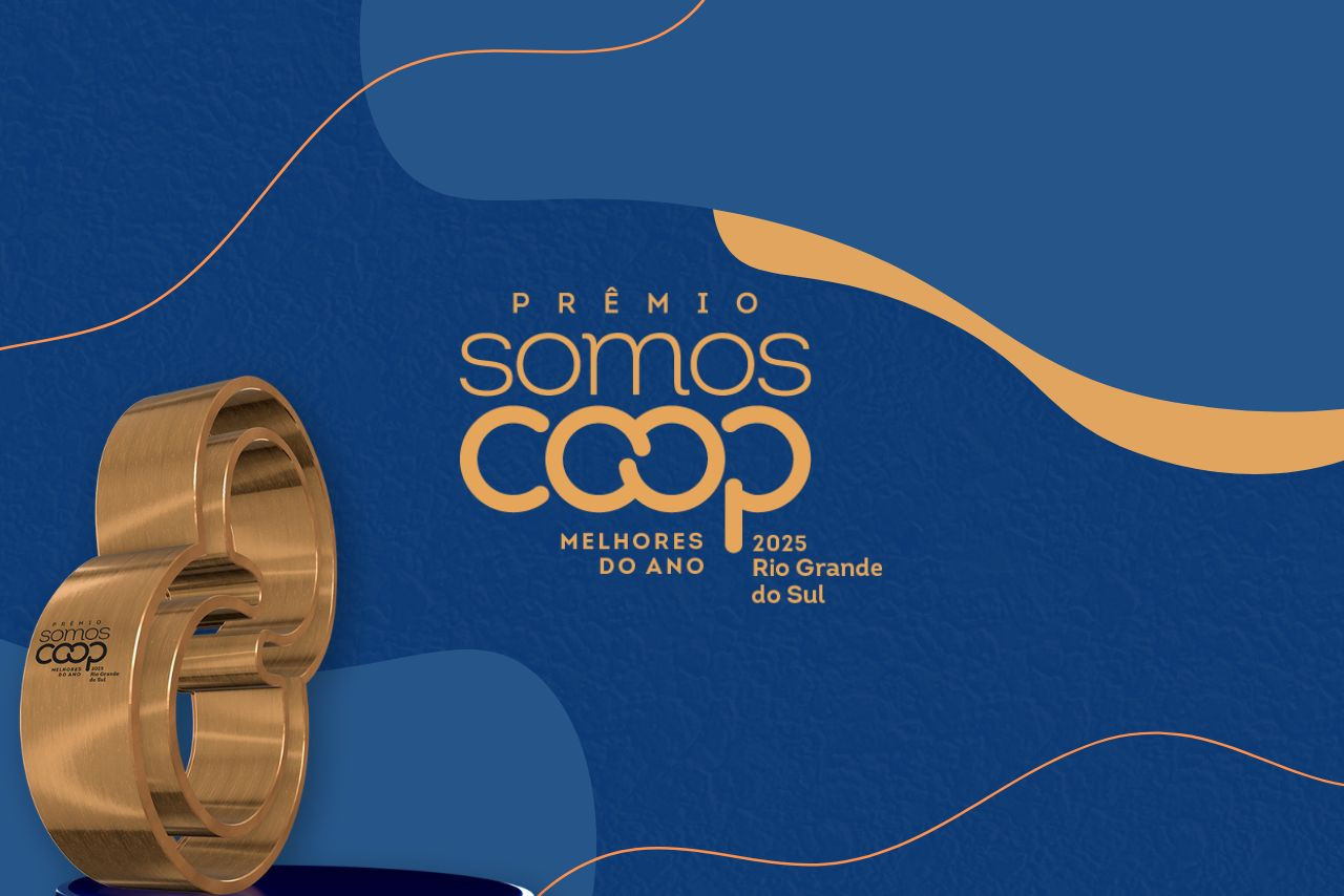 Imagem do Prêmio SomosCoop Melhores do Ano 2025, Rio Grande do Sul, com troféu dourado em destaque sobre fundo azul com detalhes laranja.