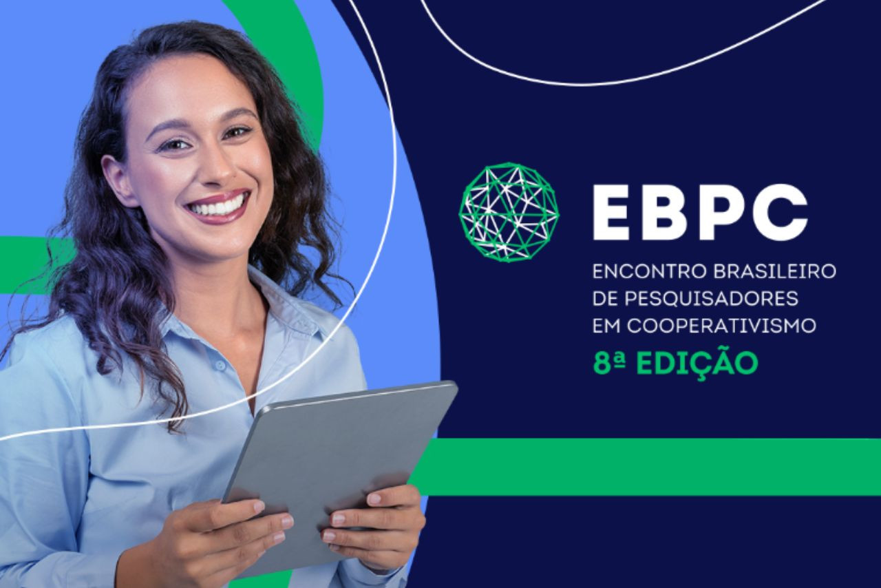 Arte do EBPC com mulher sorridente segurando tablet ao lado do texto “Encontro Brasileiro de Pesquisadores em Cooperativismo – 8ª edição”.