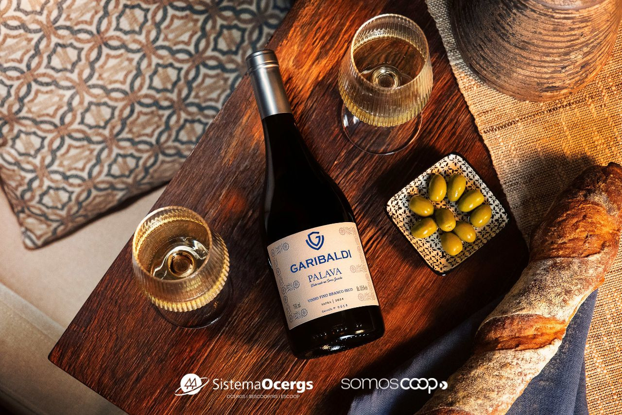 Garrafa de vinho Garibaldi Palava sobre mesa rústica de madeira, acompanhada de duas taças com vinho branco, azeitonas verdes e pão artesanal, transmitindo atmosfera aconchegante e sofisticada.