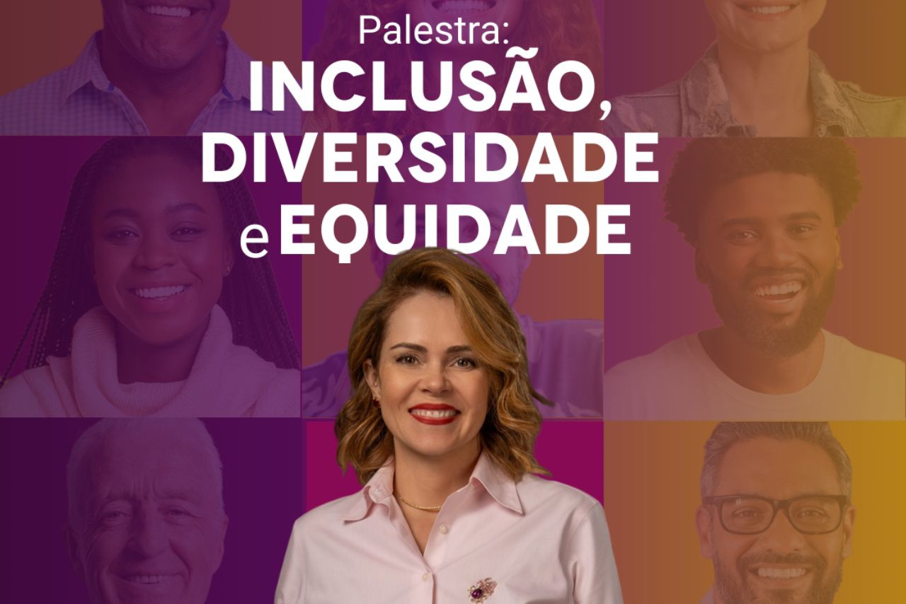 Mulher sorridente à frente de painel colorido com rostos diversos; destaque para o texto "Palestra: Inclusão, Diversidade e Equidade", promovendo respeito e representatividade.